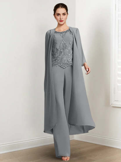 Floor-Length Round Neck Chiffon Pantsuits For The Mother Of The Bride With Jacket And Applique-LLELLA