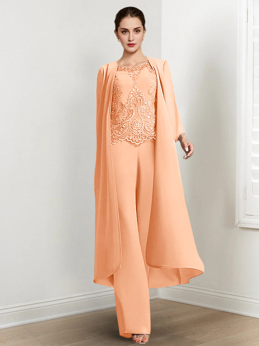 Floor-Length Round Neck Chiffon Pantsuits For The Mother Of The Bride With Jacket And Applique-LLELLA