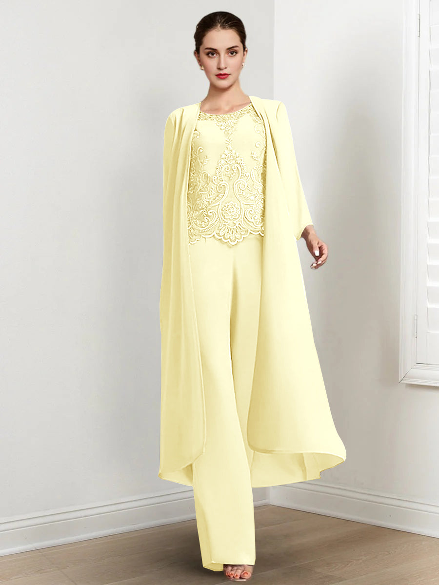 Floor-Length Round Neck Chiffon Pantsuits For The Mother Of The Bride With Jacket And Applique-LLELLA