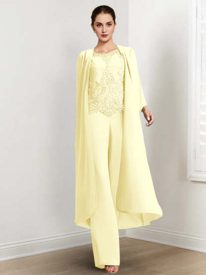 Floor-Length Round Neck Chiffon Pantsuits For The Mother Of The Bride With Jacket And Applique-LLELLA