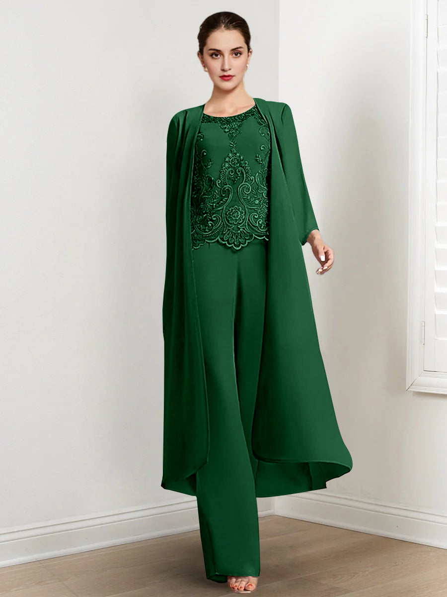 Floor-Length Round Neck Chiffon Pantsuits For The Mother Of The Bride With Jacket And Applique-LLELLA