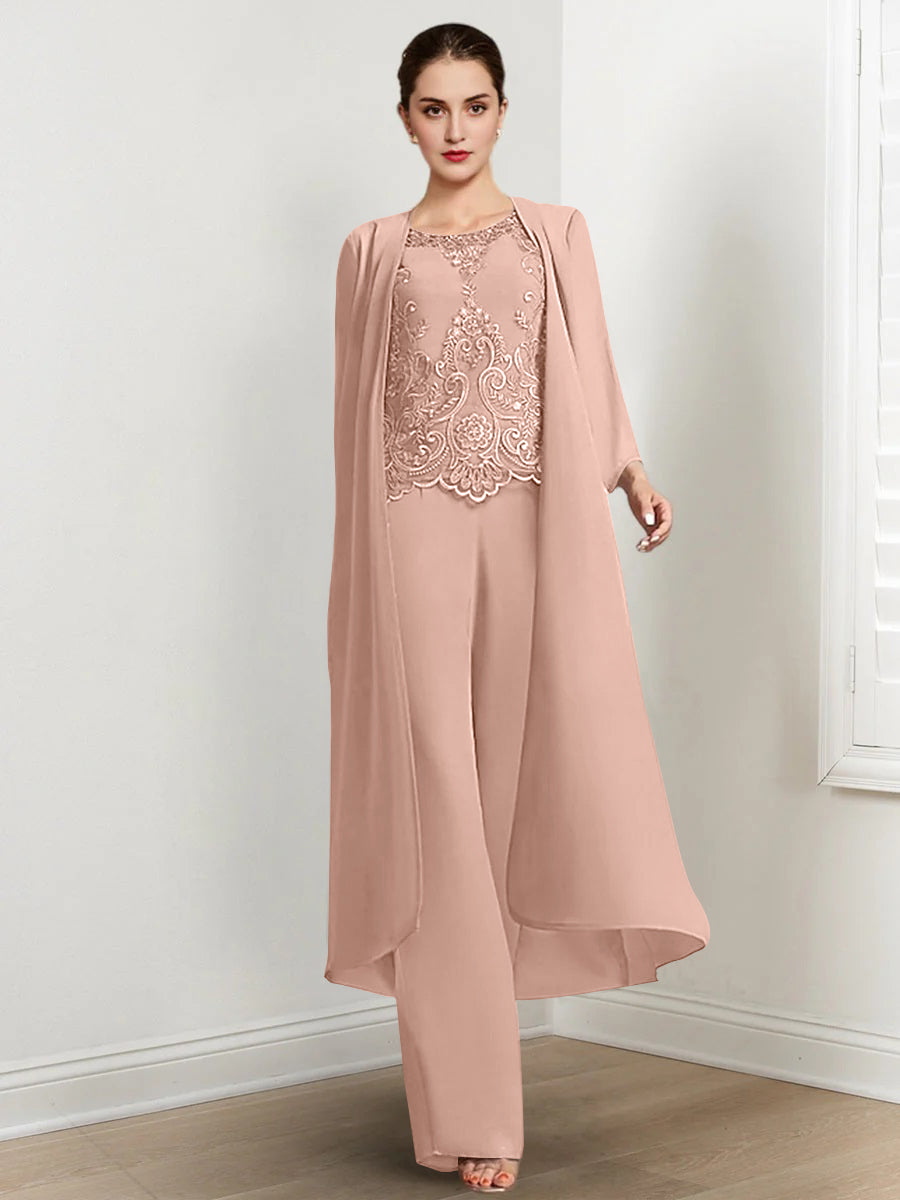Floor-Length Round Neck Chiffon Pantsuits For The Mother Of The Bride With Jacket And Applique-LLELLA