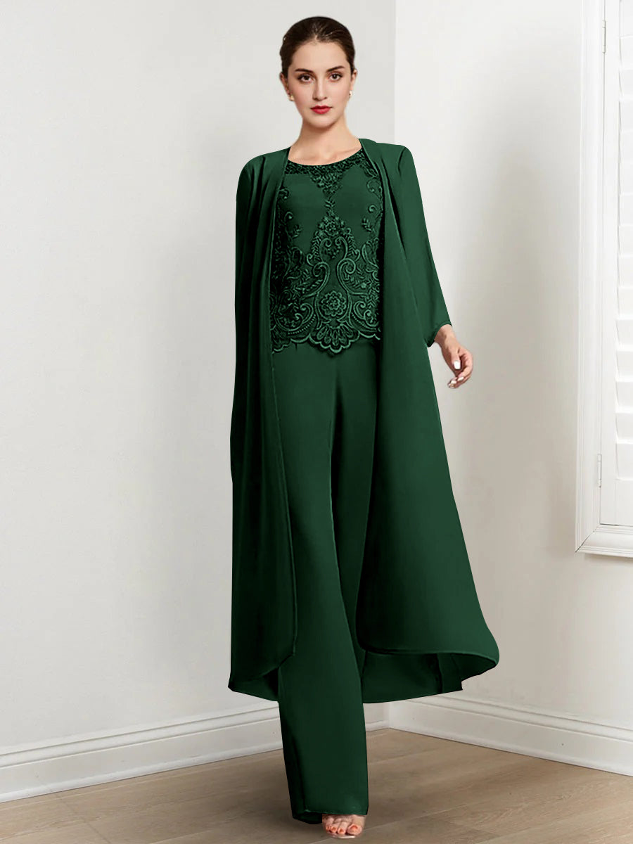 Floor-Length Round Neck Chiffon Pantsuits For The Mother Of The Bride With Jacket And Applique-LLELLA