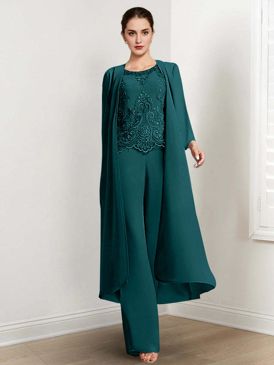 Floor-Length Round Neck Chiffon Pantsuits For The Mother Of The Bride With Jacket And Applique-LLELLA