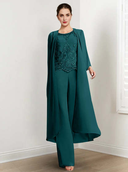 Floor-Length Round Neck Chiffon Pantsuits For The Mother Of The Bride With Jacket And Applique-LLELLA