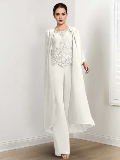 Floor-Length Round Neck Chiffon Pantsuits For The Mother Of The Bride With Jacket And Applique-LLELLA