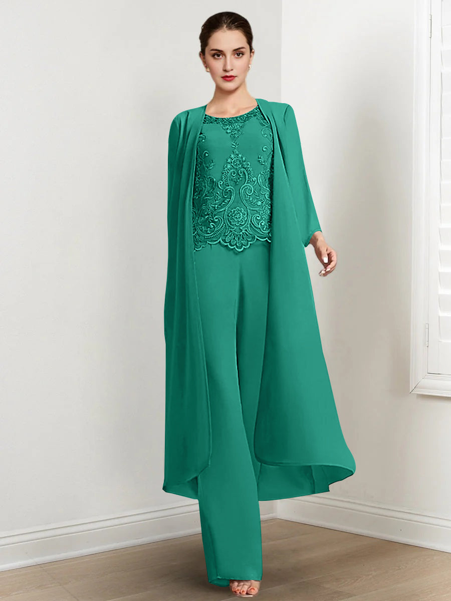 Floor-Length Round Neck Chiffon Pantsuits For The Mother Of The Bride With Jacket And Applique-LLELLA