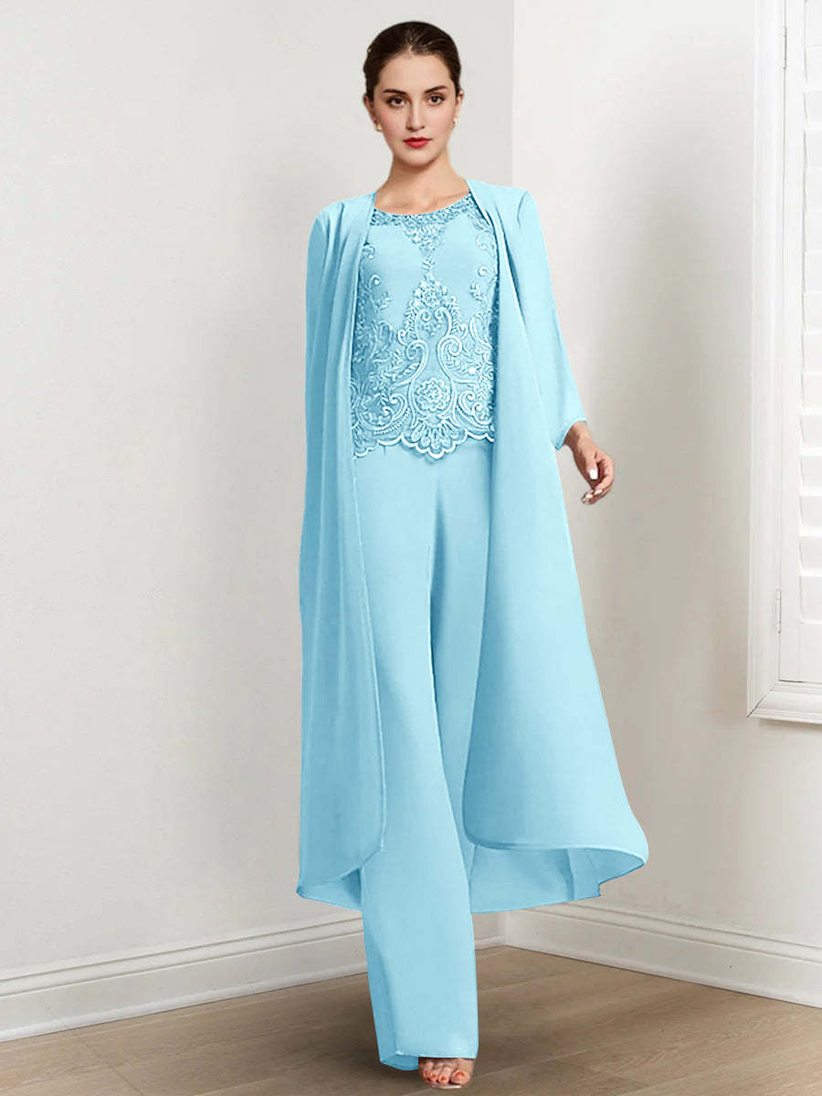 Floor-Length Round Neck Chiffon Pantsuits For The Mother Of The Bride With Jacket And Applique-LLELLA
