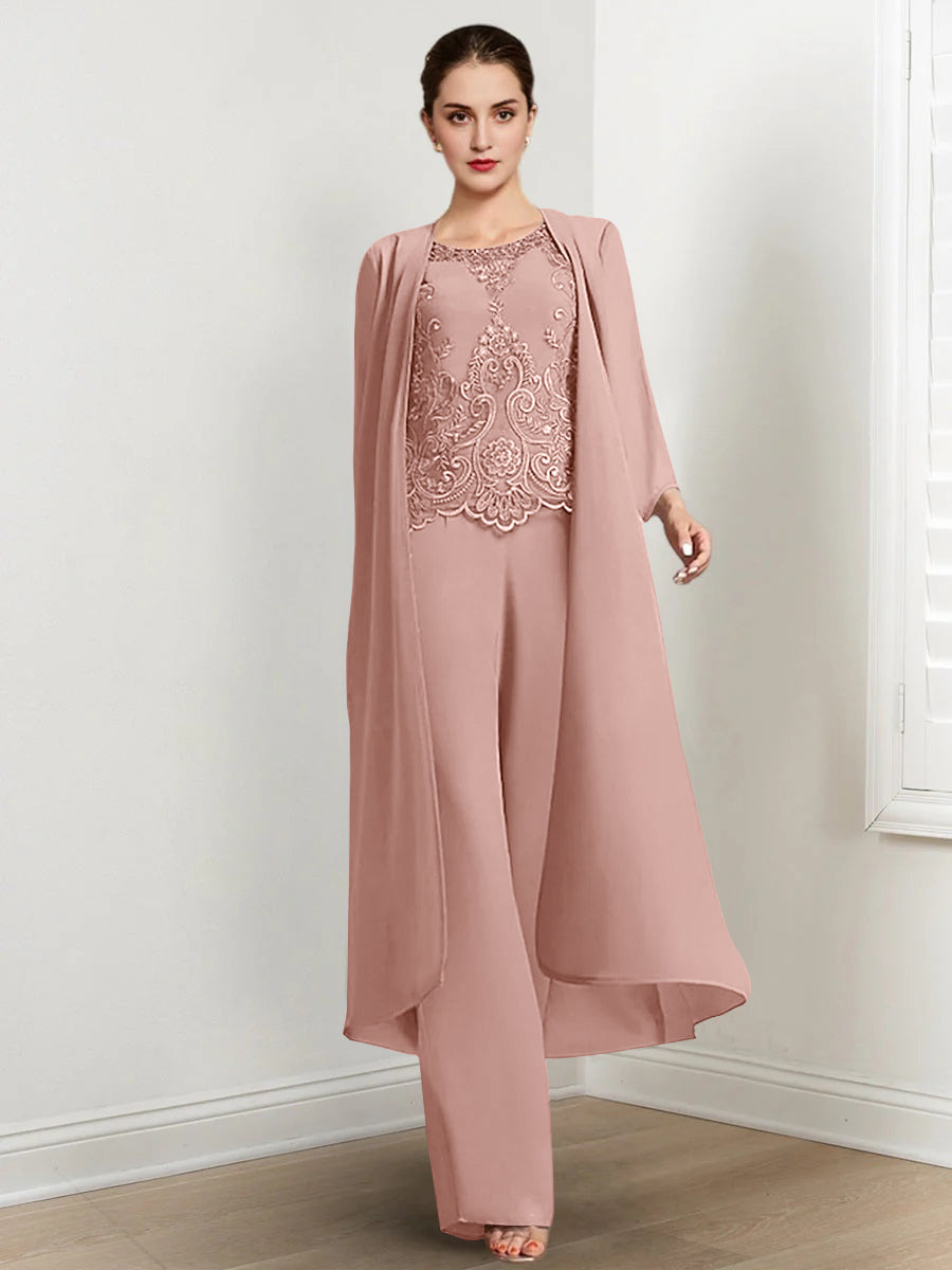 Floor-Length Round Neck Chiffon Pantsuits For The Mother Of The Bride With Jacket And Applique-LLELLA