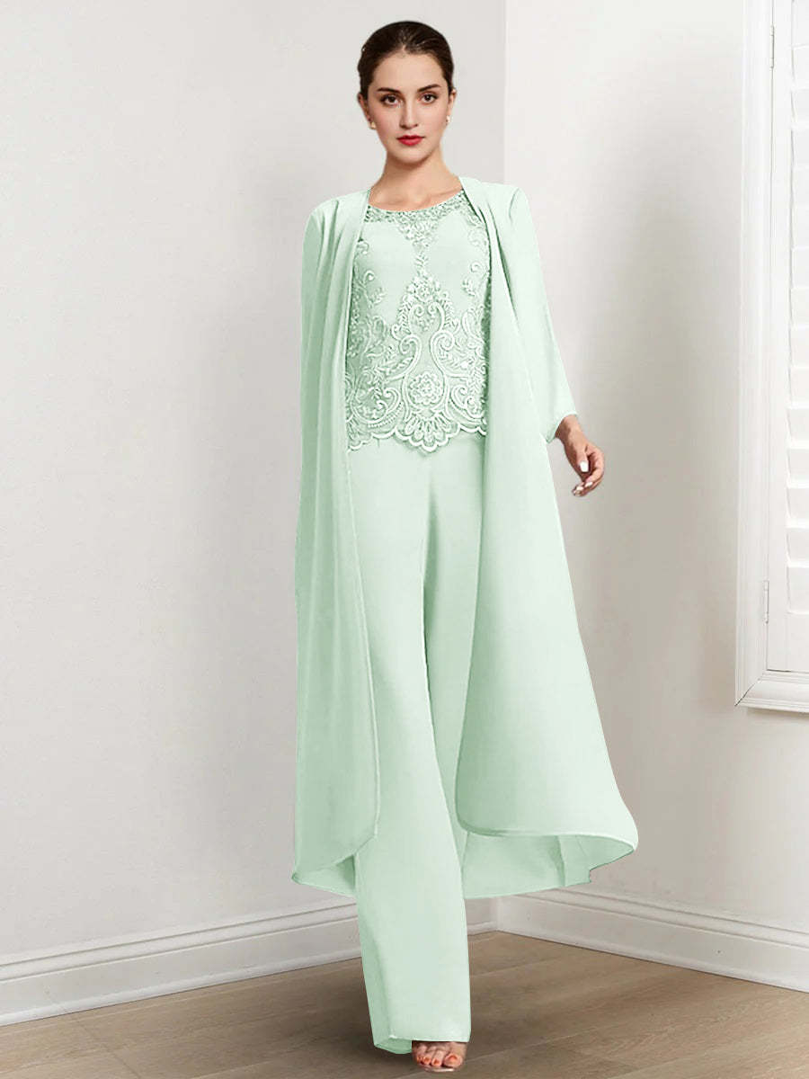 Floor-Length Round Neck Chiffon Pantsuits For The Mother Of The Bride With Jacket And Applique-LLELLA