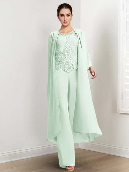 Floor-Length Round Neck Chiffon Pantsuits For The Mother Of The Bride With Jacket And Applique-LLELLA