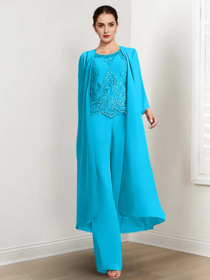 Floor-Length Round Neck Chiffon Pantsuits For The Mother Of The Bride With Jacket And Applique-LLELLA