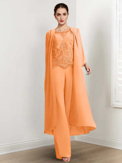 Floor-Length Round Neck Chiffon Pantsuits For The Mother Of The Bride With Jacket And Applique-LLELLA
