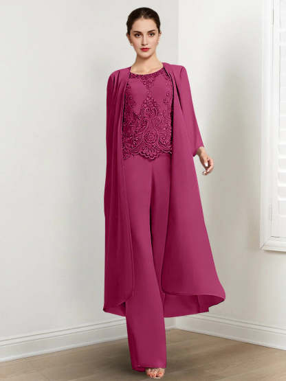 Floor-Length Round Neck Chiffon Pantsuits For The Mother Of The Bride With Jacket And Applique-LLELLA