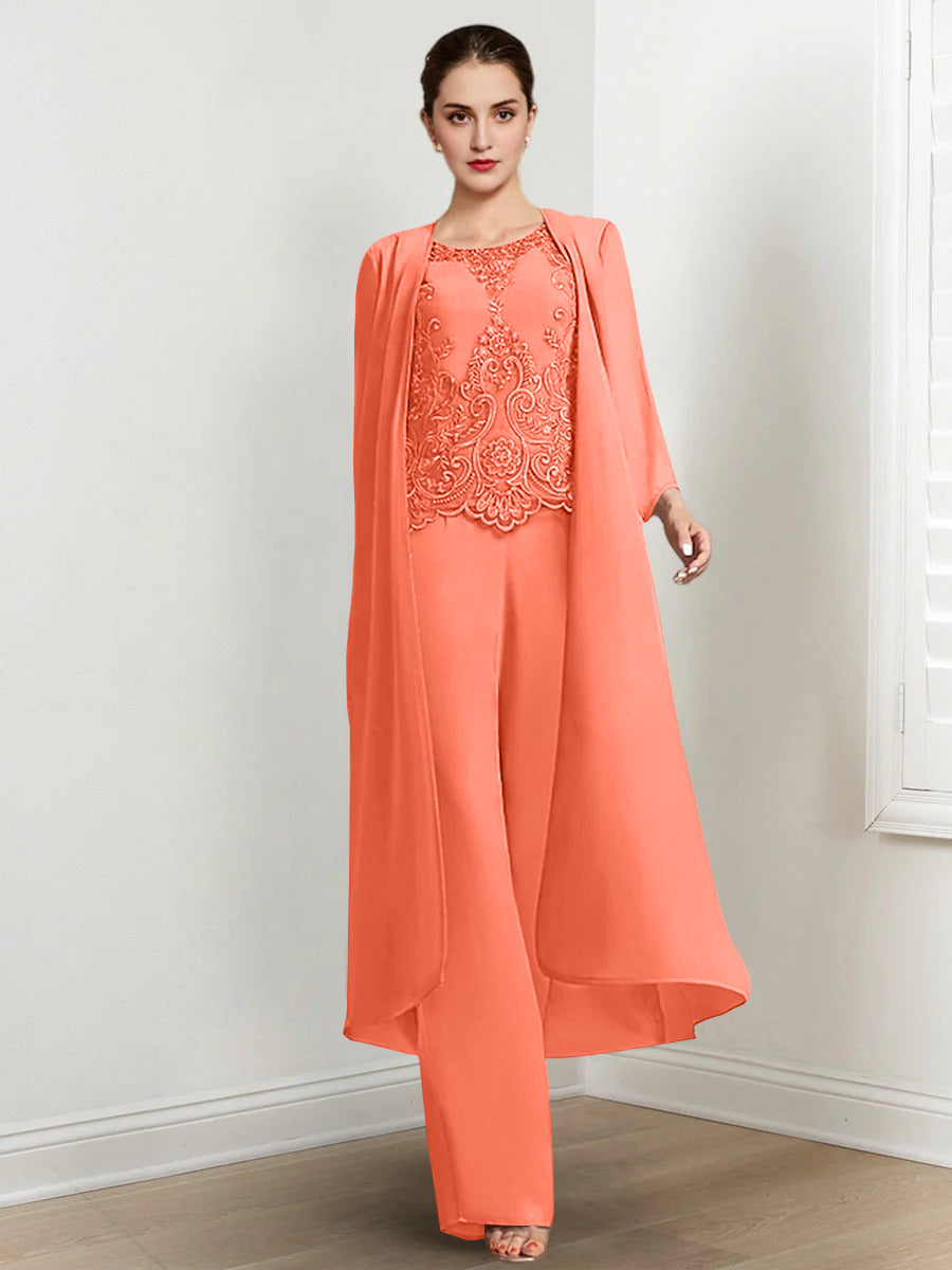 Floor-Length Round Neck Chiffon Pantsuits For The Mother Of The Bride With Jacket And Applique-LLELLA