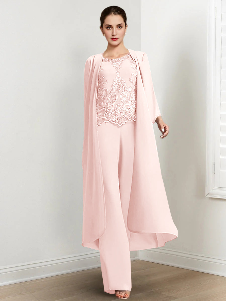 Floor-Length Round Neck Chiffon Pantsuits For The Mother Of The Bride With Jacket And Applique-LLELLA