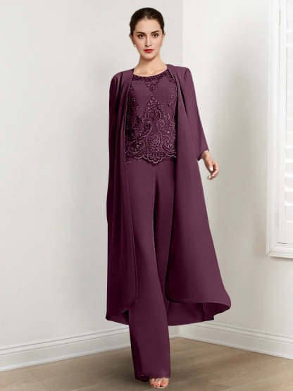 Floor-Length Round Neck Chiffon Pantsuits For The Mother Of The Bride With Jacket And Applique-LLELLA