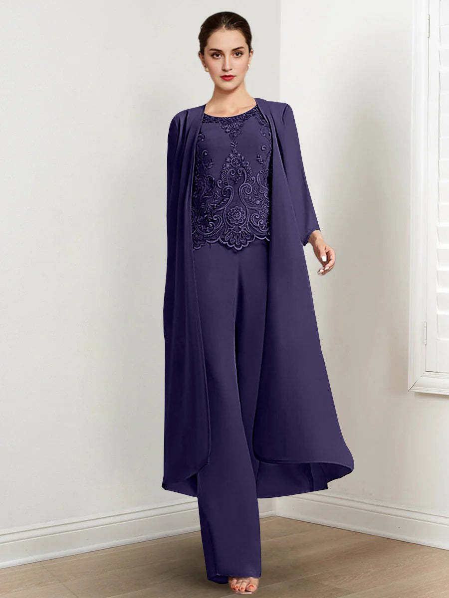 Floor-Length Round Neck Chiffon Pantsuits For The Mother Of The Bride With Jacket And Applique-LLELLA