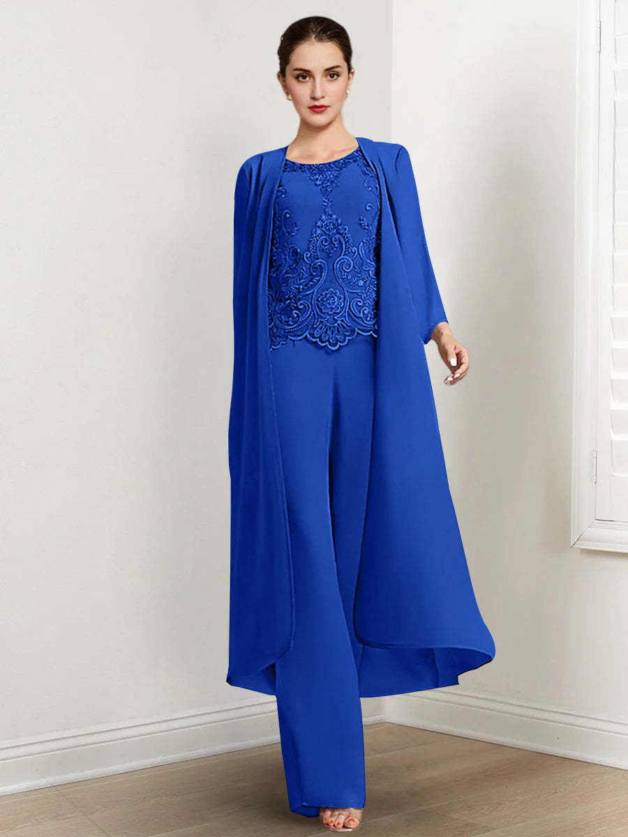 Floor-Length Round Neck Chiffon Pantsuits For The Mother Of The Bride With Jacket And Applique-LLELLA