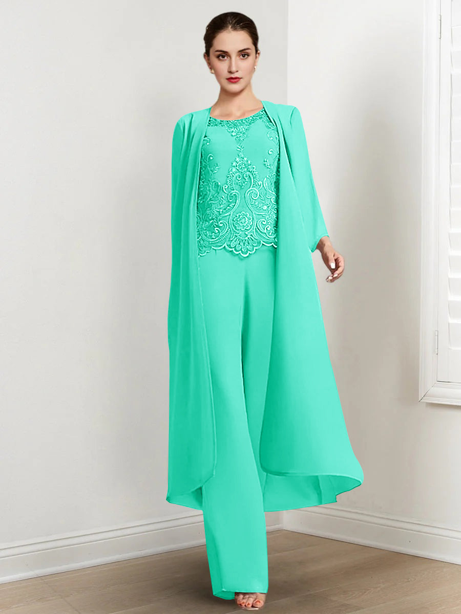 Floor-Length Round Neck Chiffon Pantsuits For The Mother Of The Bride With Jacket And Applique-LLELLA