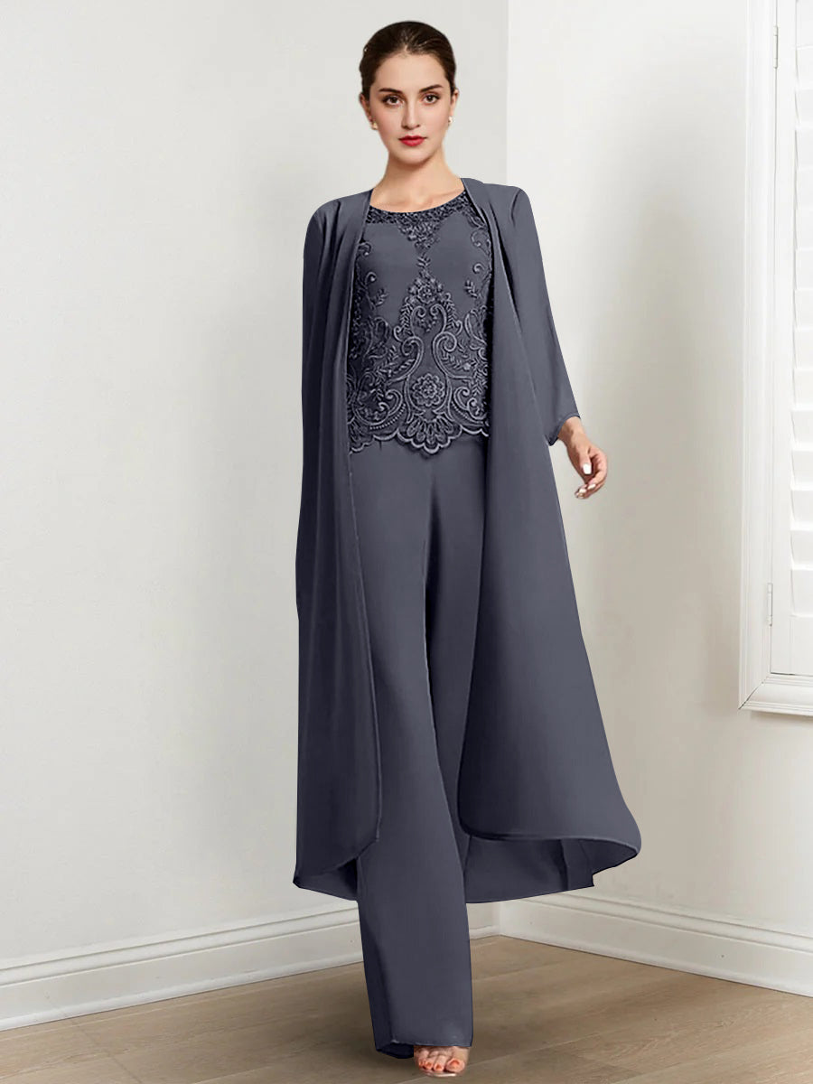 Floor-Length Round Neck Chiffon Pantsuits For The Mother Of The Bride With Jacket And Applique-LLELLA