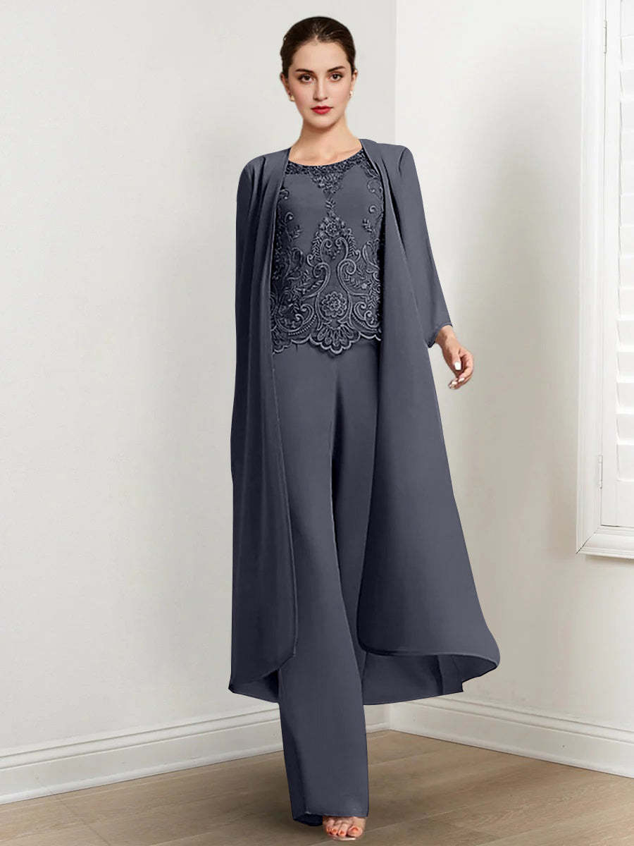 Floor-Length Round Neck Chiffon Pantsuits For The Mother Of The Bride With Jacket And Applique-LLELLA