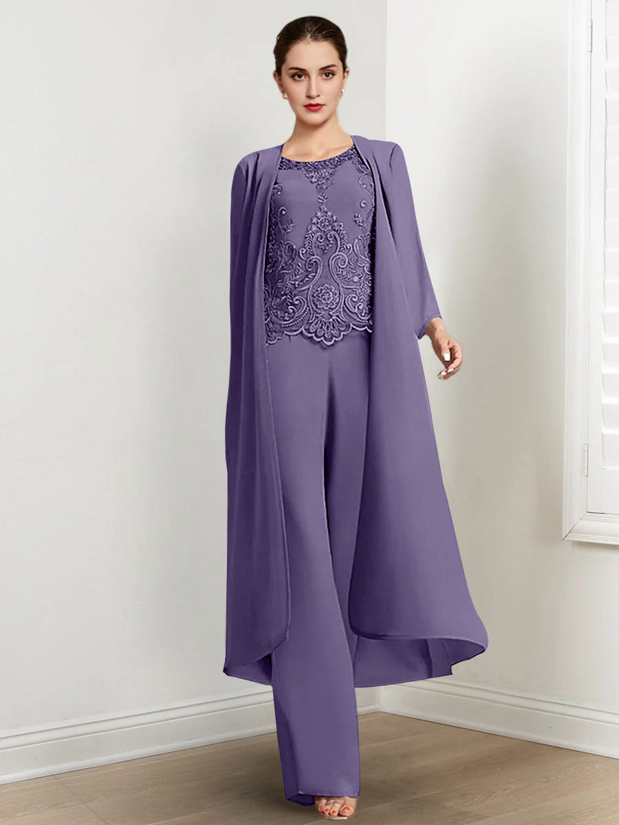 Floor-Length Round Neck Chiffon Pantsuits For The Mother Of The Bride With Jacket And Applique-LLELLA