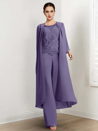 Floor-Length Round Neck Chiffon Pantsuits For The Mother Of The Bride With Jacket And Applique-LLELLA