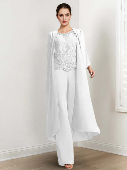 Floor-Length Round Neck Chiffon Pantsuits For The Mother Of The Bride With Jacket And Applique-LLELLA