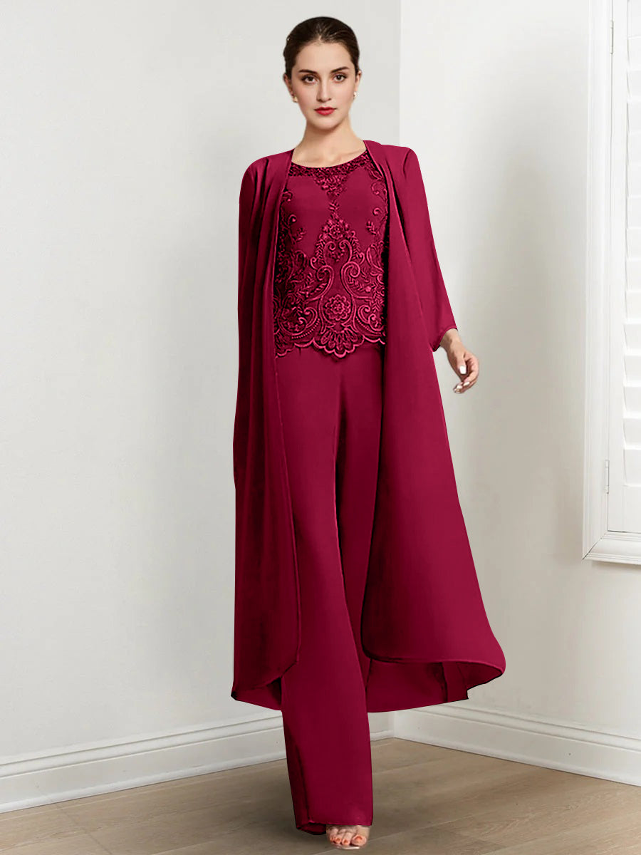 Floor-Length Round Neck Chiffon Pantsuits For The Mother Of The Bride With Jacket And Applique-LLELLA