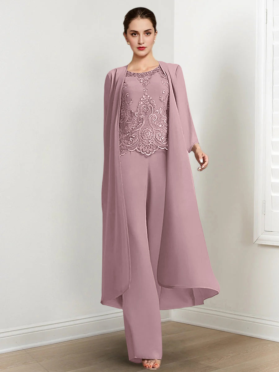 Floor-Length Round Neck Chiffon Pantsuits For The Mother Of The Bride With Jacket And Applique-LLELLA