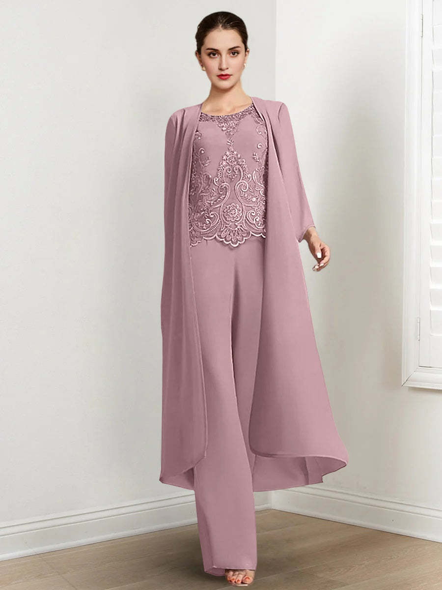 Floor-Length Round Neck Chiffon Pantsuits For The Mother Of The Bride With Jacket And Applique-LLELLA