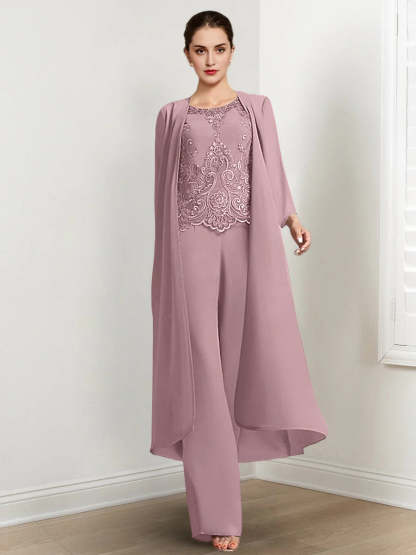 Floor-Length Round Neck Chiffon Pantsuits For The Mother Of The Bride With Jacket And Applique-LLELLA