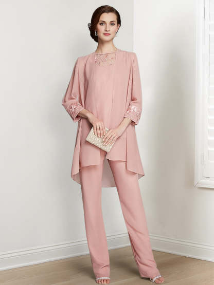 Floor-Length Square Neck Chiffon Pantsuit With Long Sleeves and Jacket for the Mother of the Bride-LLELLA