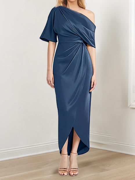 Asymmetrical One-Shoulder Short Sleeve Sheath Dress with Ruffles for the Mother of the Bride-LLELLA