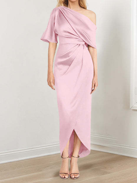 Asymmetrical One-Shoulder Short Sleeve Sheath Dress with Ruffles for the Mother of the Bride-LLELLA