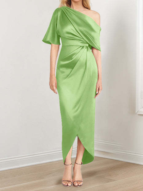 Asymmetrical One-Shoulder Short Sleeve Sheath Dress with Ruffles for the Mother of the Bride-LLELLA