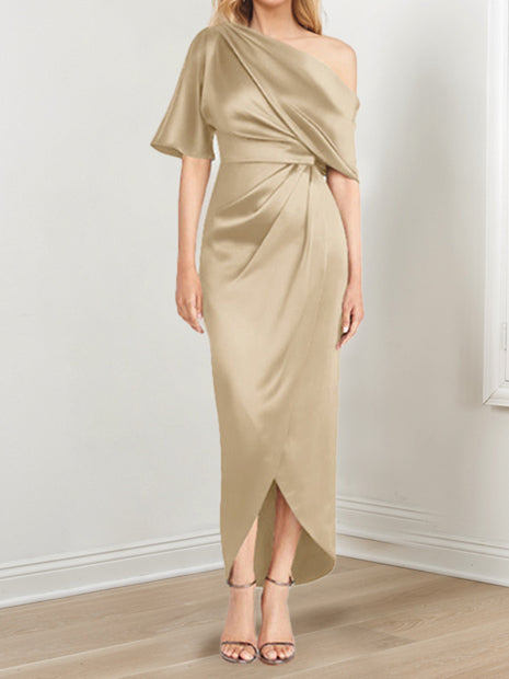 Asymmetrical One-Shoulder Short Sleeve Sheath Dress with Ruffles for the Mother of the Bride-LLELLA