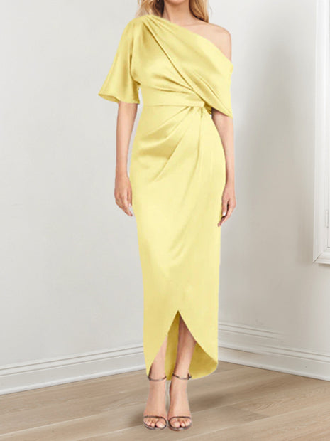 Asymmetrical One-Shoulder Short Sleeve Sheath Dress with Ruffles for the Mother of the Bride-LLELLA