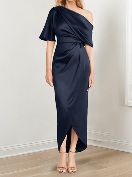 Asymmetrical One-Shoulder Short Sleeve Sheath Dress with Ruffles for the Mother of the Bride-LLELLA