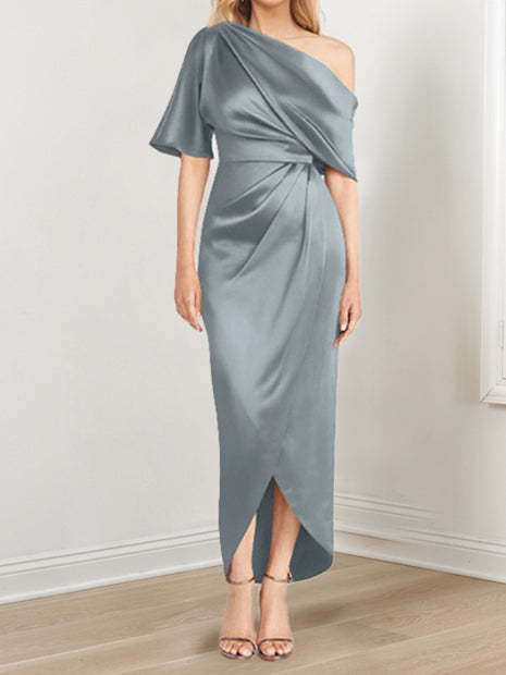Asymmetrical One-Shoulder Short Sleeve Sheath Dress with Ruffles for the Mother of the Bride-LLELLA