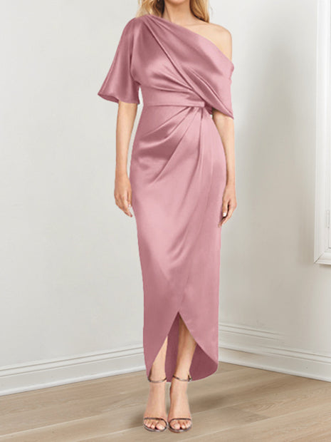 Asymmetrical One-Shoulder Short Sleeve Sheath Dress with Ruffles for the Mother of the Bride-LLELLA