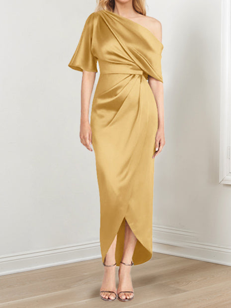 Asymmetrical One-Shoulder Short Sleeve Sheath Dress with Ruffles for the Mother of the Bride-LLELLA