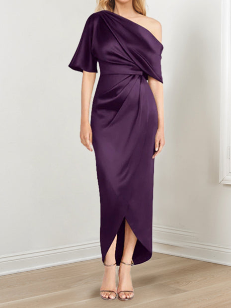 Asymmetrical One-Shoulder Short Sleeve Sheath Dress with Ruffles for the Mother of the Bride-LLELLA