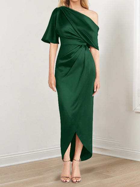 Asymmetrical One-Shoulder Short Sleeve Sheath Dress with Ruffles for the Mother of the Bride-LLELLA