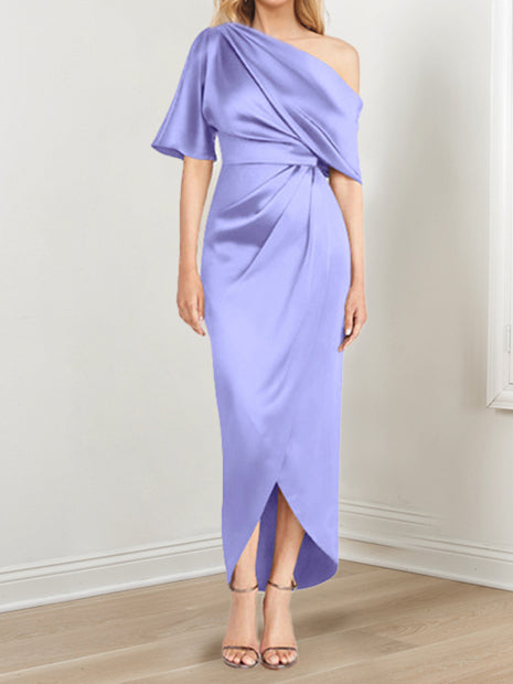 Asymmetrical One-Shoulder Short Sleeve Sheath Dress with Ruffles for the Mother of the Bride-LLELLA