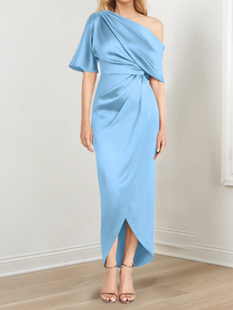 Asymmetrical One-Shoulder Short Sleeve Sheath Dress with Ruffles for the Mother of the Bride-LLELLA