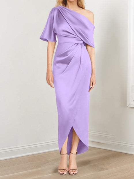 Asymmetrical One-Shoulder Short Sleeve Sheath Dress with Ruffles for the Mother of the Bride-LLELLA