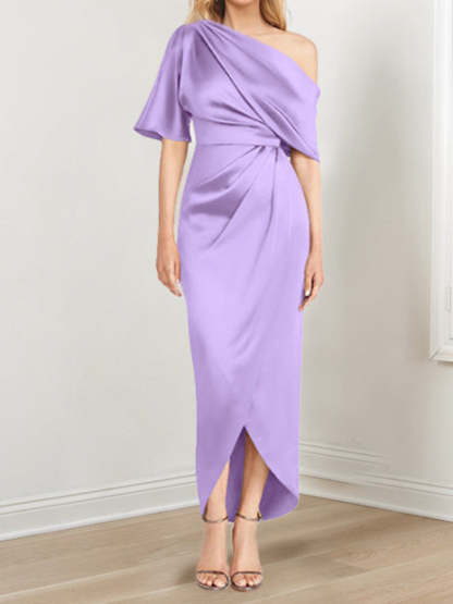 Asymmetrical One-Shoulder Short Sleeve Sheath Dress with Ruffles for the Mother of the Bride-LLELLA