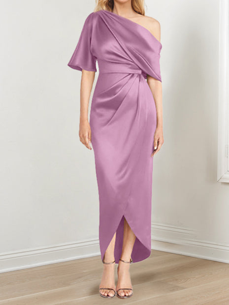 Asymmetrical One-Shoulder Short Sleeve Sheath Dress with Ruffles for the Mother of the Bride-LLELLA